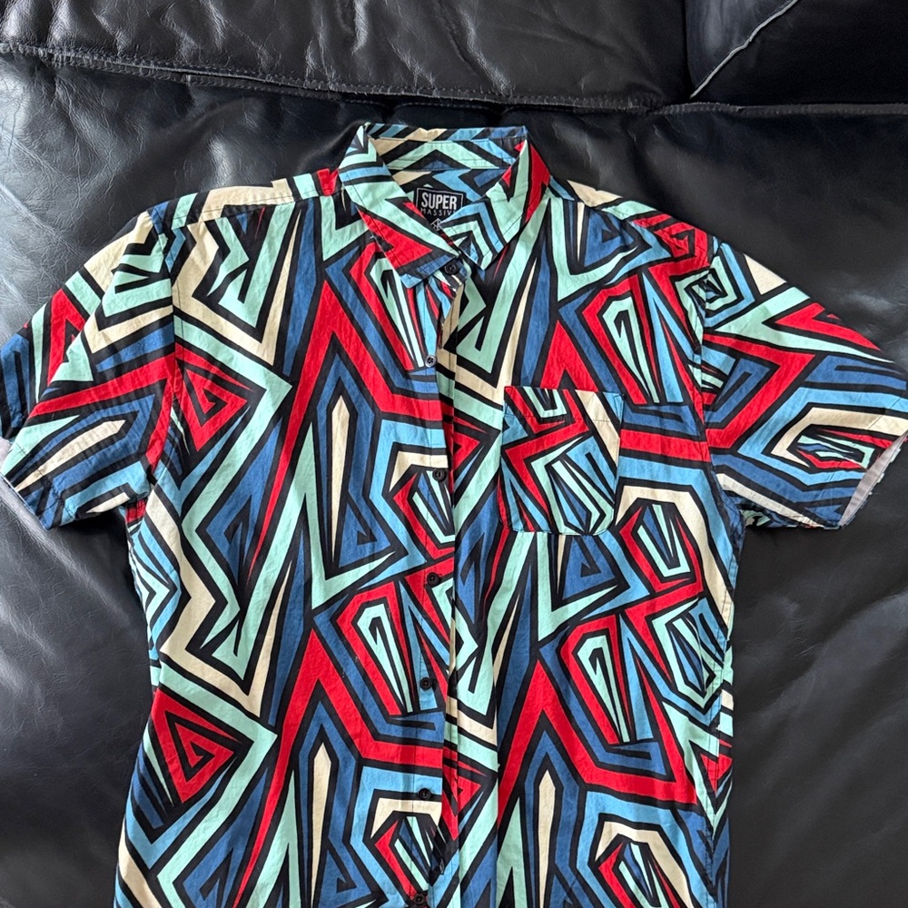 Vibrant Geometric Men's Shirt - Red, Blue, Black